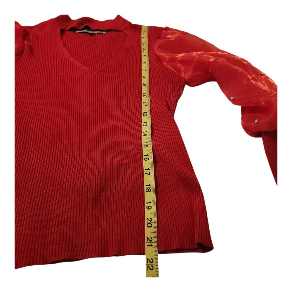 Almost Famous Sweater Womens M Red Cutout Sheer Puff Sleeve Rhinestone Top - Picture 12 of 12